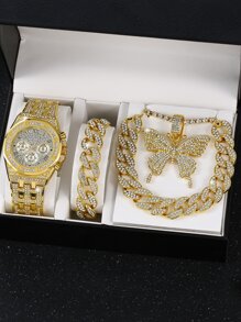 Strass Dekor Quarzuhr & 3 Stücke Schmetterling Dekor, Schmuck Set - Gold - Übersicht 1