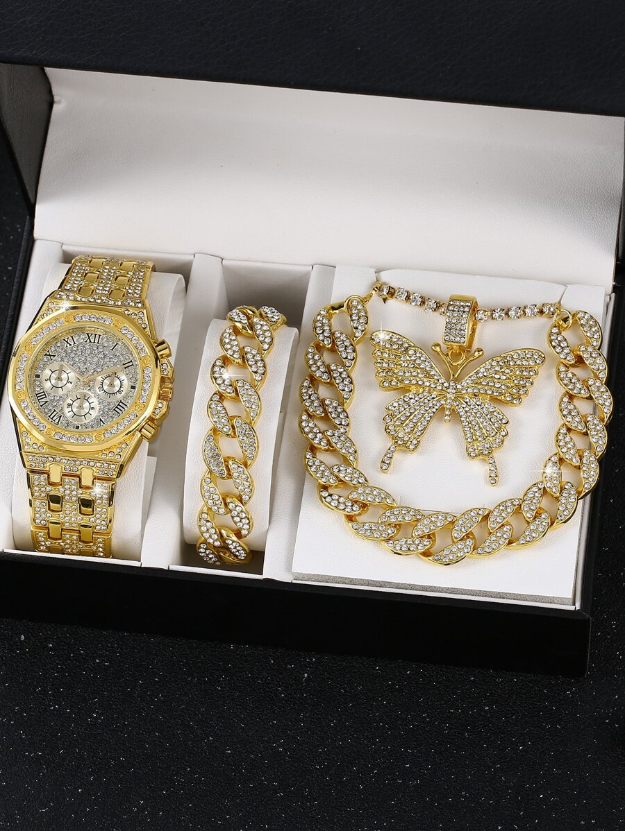 Strass Dekor Quarzuhr & 3 Stücke Schmetterling Dekor, Schmuck Set - Gold - Übersicht 1