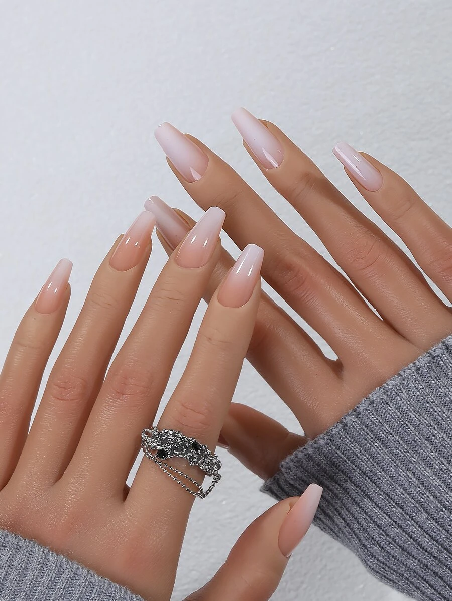 使用24入組長棺材粉色漸變光澤假指甲和1入組指甲銼和1張膠帶升級您造型 - 彩色 - 查看 1