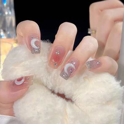 24pcs Short Coffin 3D Rhinestone Decor Fake Nail & 1pc Nail File & 1sheet Tape