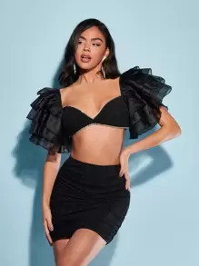 SHEIN BAE Rhinestone Mesh Exaggerate Ruffle Sleeve Crop Top & Ruched Bodycon Skirt - Black - View 1