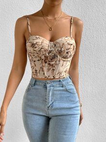 Rafferiza Floral Print Crop Cami Top Graphic Tees Women Tops - Apricot - View 3