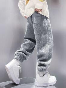 Manfinity Hypemode 男士腰部抽繩絨毛衛褲 - 灰色 - 查看 1