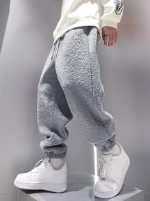 Manfinity Hypemode 男士腰部抽繩絨毛衛褲 - 灰色 - 查看 7