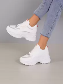 Letter Graphic Lace-up Front Wedge Sneakers - White - View 1