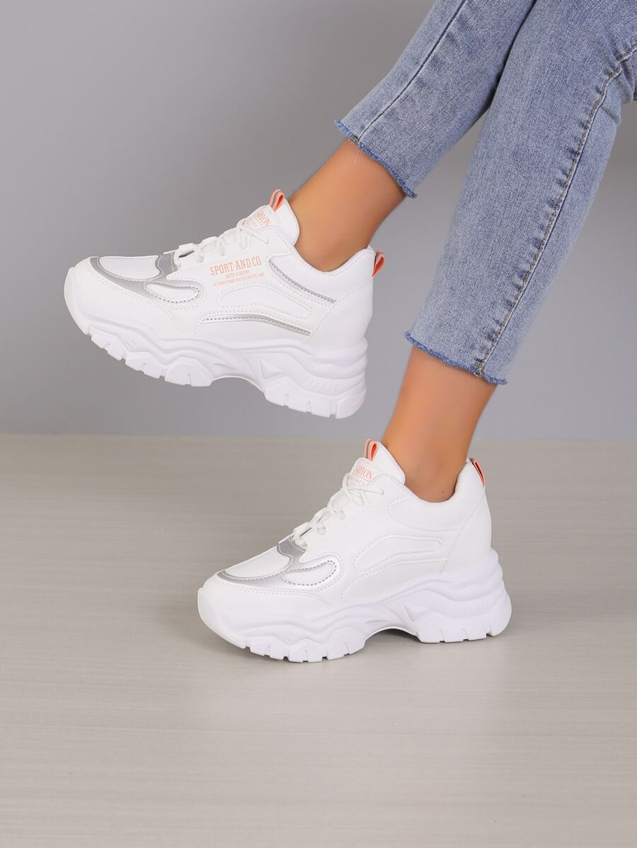 Letter Graphic Lace-up Front Wedge Sneakers - White - View 1