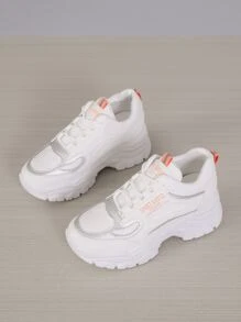 Letter Graphic Lace-up Front Wedge Sneakers - White - View 3