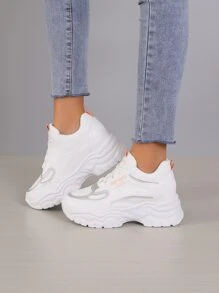 Letter Graphic Lace-up Front Wedge Sneakers - White - View 4