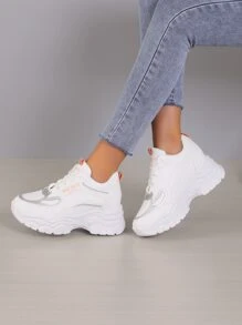 Letter Graphic Lace-up Front Wedge Sneakers - White - View 5