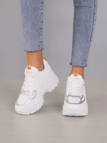 Letter Graphic Lace-up Front Wedge Sneakers - White - View 6