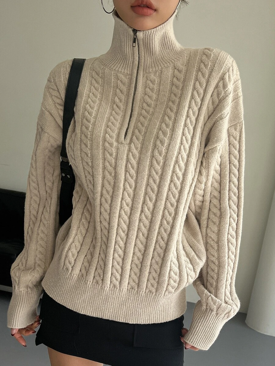 DAZY Cable Knit Half Zip Drop Shoulder Jumper - Khaki - View 1