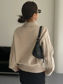 DAZY Cable Knit Half Zip Drop Shoulder Jumper - Khaki - View 2