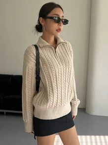 DAZY Cable Knit Half Zip Drop Shoulder Jumper - Khaki - View 4