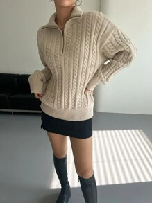 DAZY Cable Knit Half Zip Drop Shoulder Jumper - Khaki - View 5