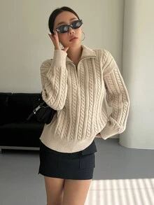 DAZY Cable Knit Half Zip Drop Shoulder Jumper - Khaki - View 6