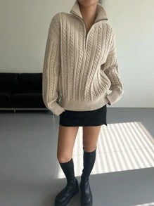 DAZY Cable Knit Half Zip Drop Shoulder Jumper - Khaki - View 8