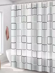 Plaid Bathroom Shower Curtain Set With Hooks - Black and White - View 1