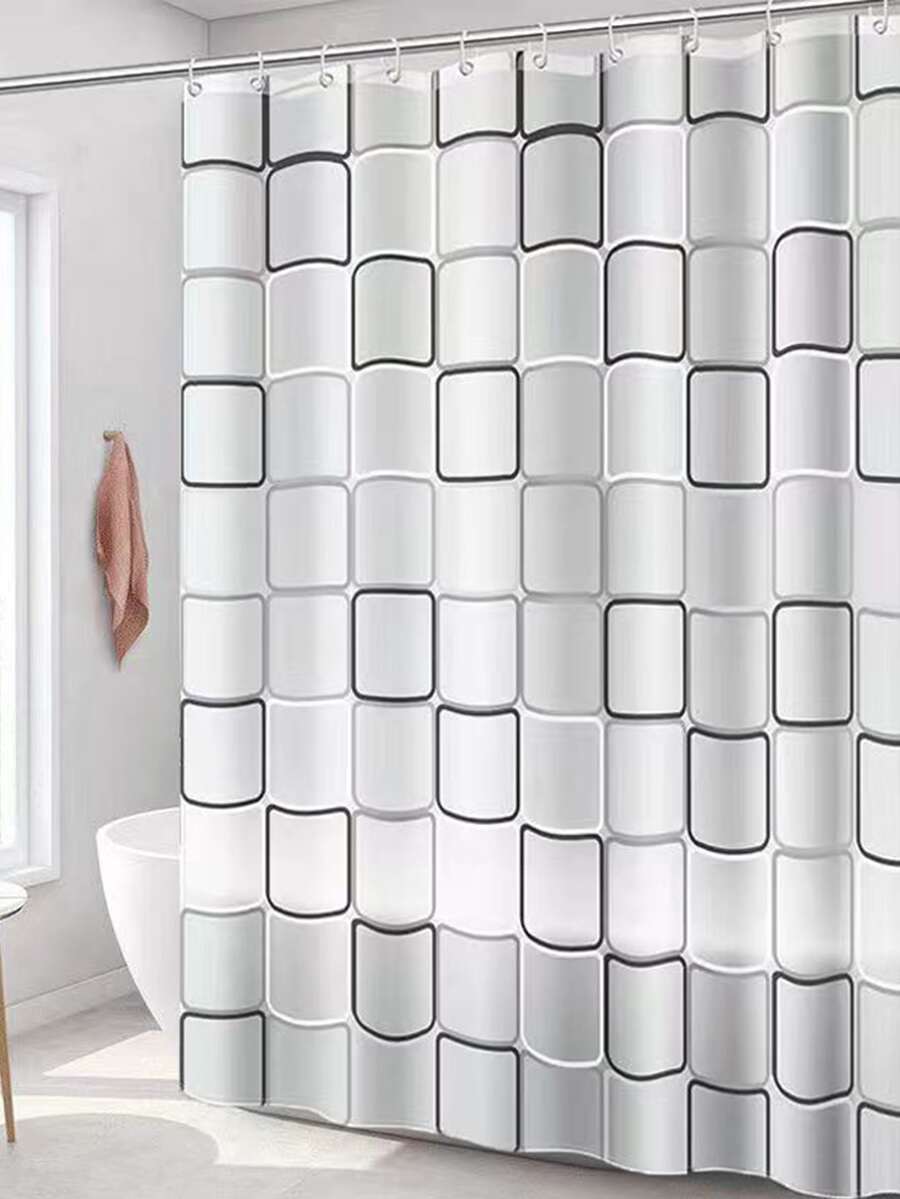 Plaid Bathroom Shower Curtain Set With Hooks - Black and White - View 1