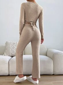 Chiquease Surplice Neck Jumper & Drawstring Knit Trousers - Apricot - View 2