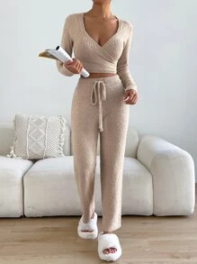 Chiquease Surplice Neck Jumper & Drawstring Knit Trousers - Apricot - View 4