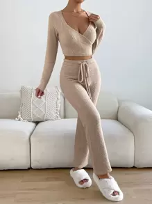 Chiquease Surplice Neck Jumper & Drawstring Knit Trousers - Apricot - View 5