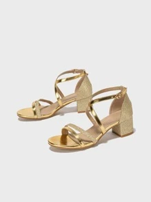 Metallic Glitter Chunky Heeled Ankle Strap Sandals - Gold - View 5
