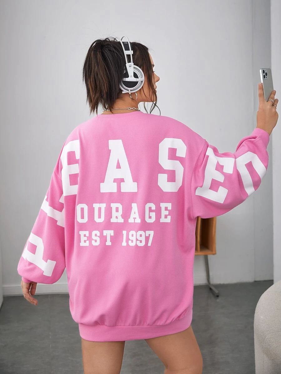 SHEIN EZwear Plus Letter Graphic Drop Shoulder Sweatshirt Dress - Pink - View 1