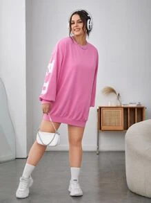 SHEIN EZwear Plus Letter Graphic Drop Shoulder Sweatshirt Dress - Pink - View 3