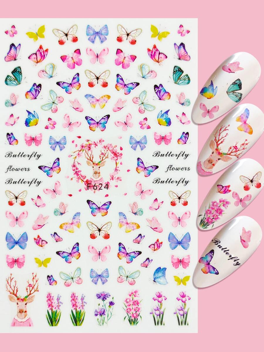 1 hoja de pegatinas para decoración de uñas con estampado de mariposas, calcomanías para decoración de uñas estilo Y2K - Multicolor - Ver 1