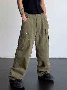 Manfinity EMRG 男士側翻蓋口袋工裝褲 - 軍綠色 - 查看 4