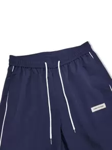 Manfinity Hypemode 男士宽松字母贴片撞色滚边细节抽绳腰裤，长款海军蓝裤子，适合丈夫、男朋友的礼物 - 藏蓝色 - 查看 6