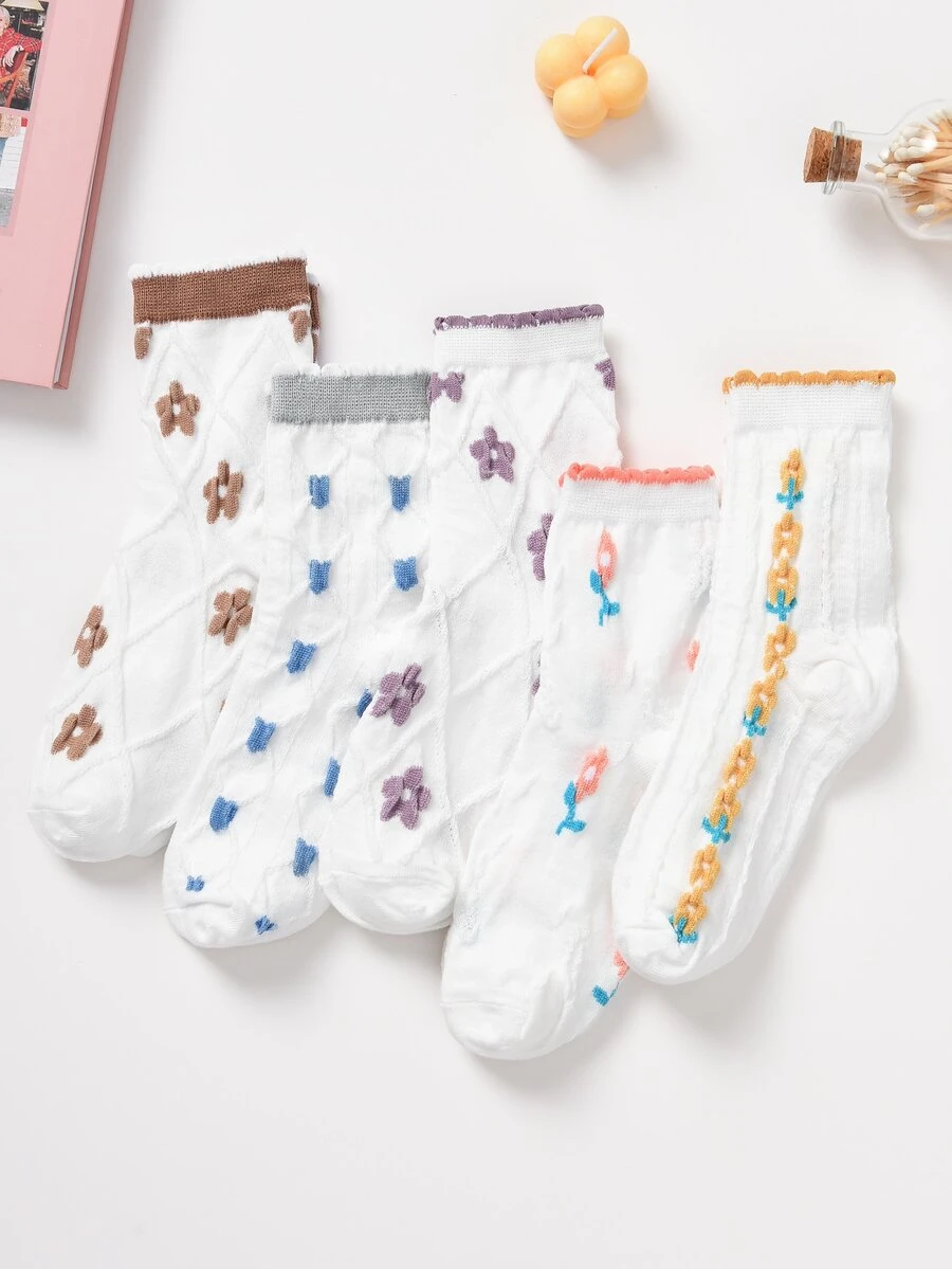 5雙花卉圖案中筒襪 - 彩色 - 查看 1