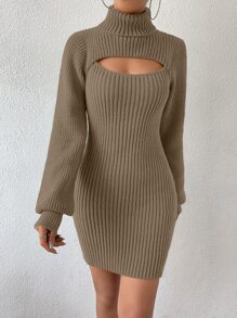 SHEIN Privé Turtleneck Cut Out Jumper Dress - Khaki - View 4
