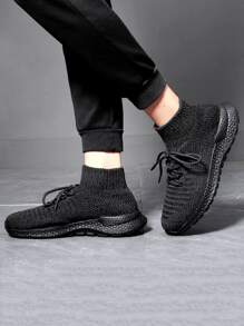 Men High Top Lace-up Front Sock Sneakers - Black - View 2
