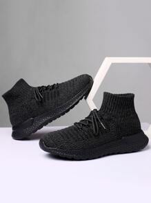 Men High Top Lace-up Front Sock Sneakers - Black - View 3