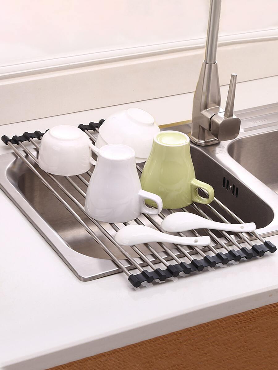 1pc Stainless Steel Foldable Drain Bowl Storage Rack, Dish Drain Tray For Kitchen - Multicolor - View 1