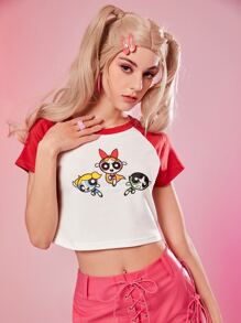 The Powerpuff Girls | ROMWE 卡通圖案撞色T恤 - 紅白色 - 查看 2