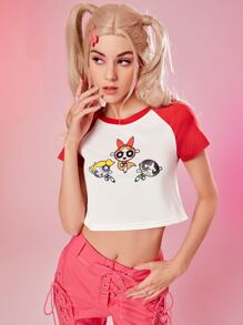 The Powerpuff Girls | ROMWE 卡通圖案撞色T恤 - 紅白色 - 查看 4