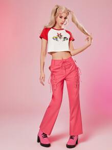 The Powerpuff Girls | ROMWE 卡通圖案撞色T恤 - 紅白色 - 查看 5