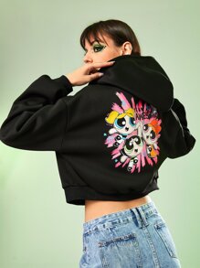 The Powerpuff Girls | ROMWE Cartoon Graphic Drop Shoulder Hoodie - Black - View 1
