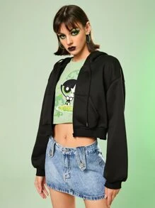 The Powerpuff Girls | ROMWE Cartoon Graphic Drop Shoulder Hoodie - Black - View 2