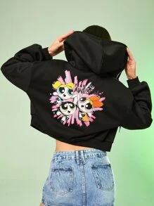 The Powerpuff Girls | ROMWE Cartoon Graphic Drop Shoulder Hoodie - Black - View 3