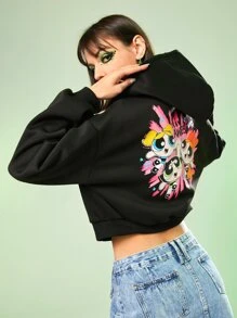 The Powerpuff Girls | ROMWE Cartoon Graphic Drop Shoulder Hoodie - Black - View 4