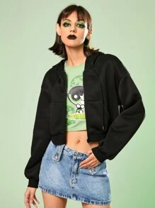 The Powerpuff Girls | ROMWE Cartoon Graphic Drop Shoulder Hoodie - Black - View 7