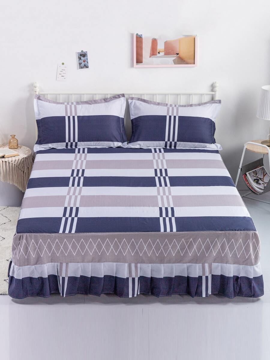 Faldón de cama con patrón de cuadros ribete con fruncido