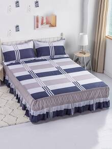 Faldón de cama con patrón de cuadros ribete con fruncido