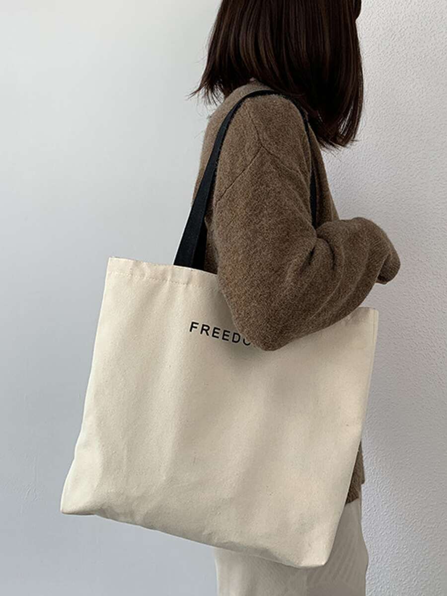 字母圖案購物袋 - 米色 - 查看 1