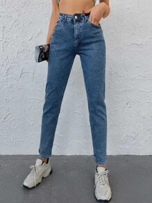 Cloudara Jeans informales con lavado y ajuste de mamá - Azul lavado medio - Ver 3