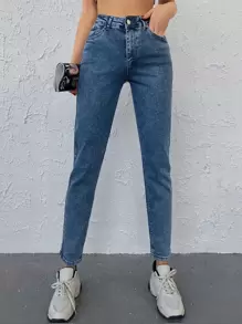 Cloudara Jeans informales con lavado y ajuste de mamá - Azul lavado medio - Ver 4
