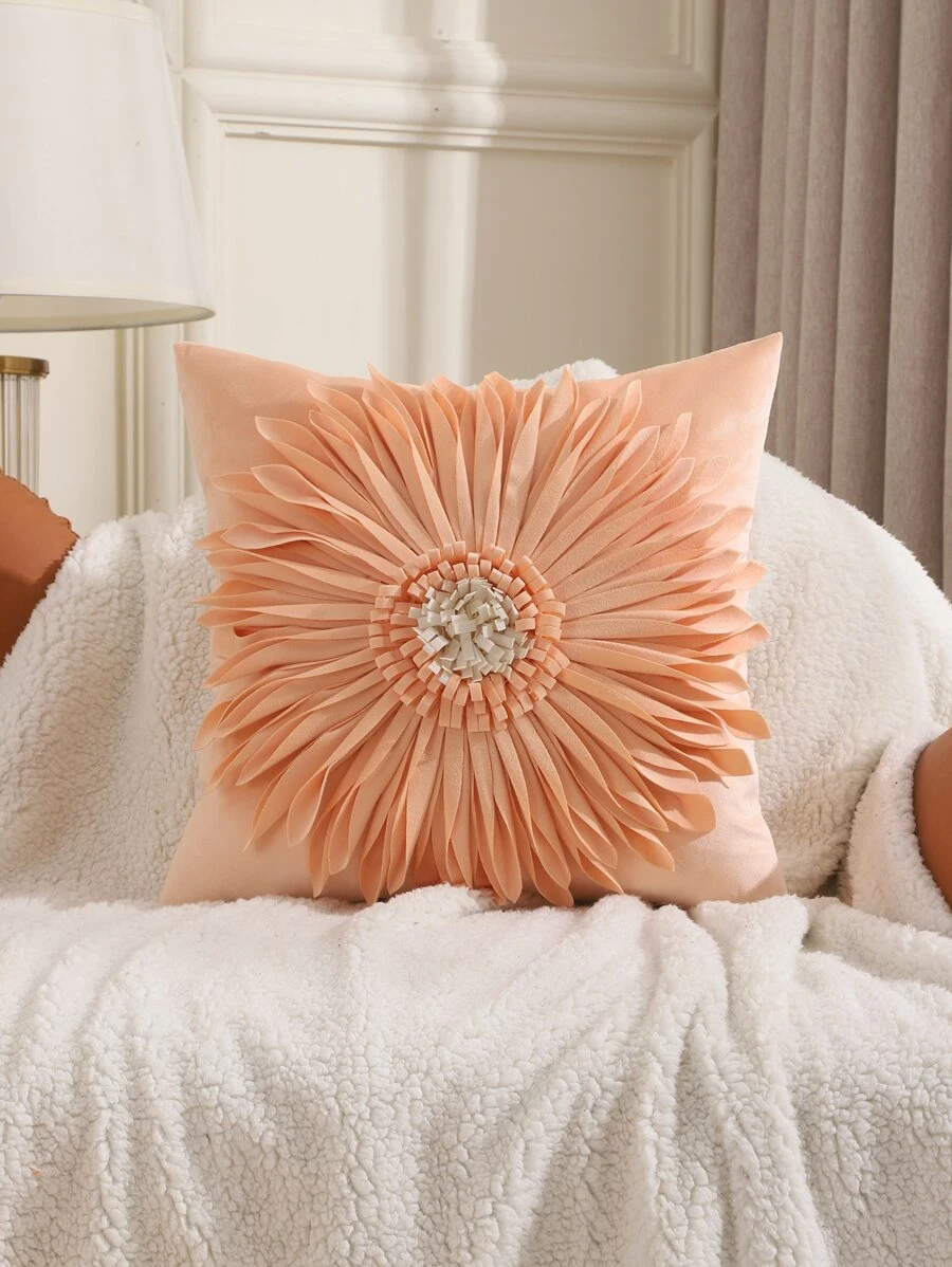 1pc Velvet Handmade Flower Decor Pillowcase - Multicolor - View 1